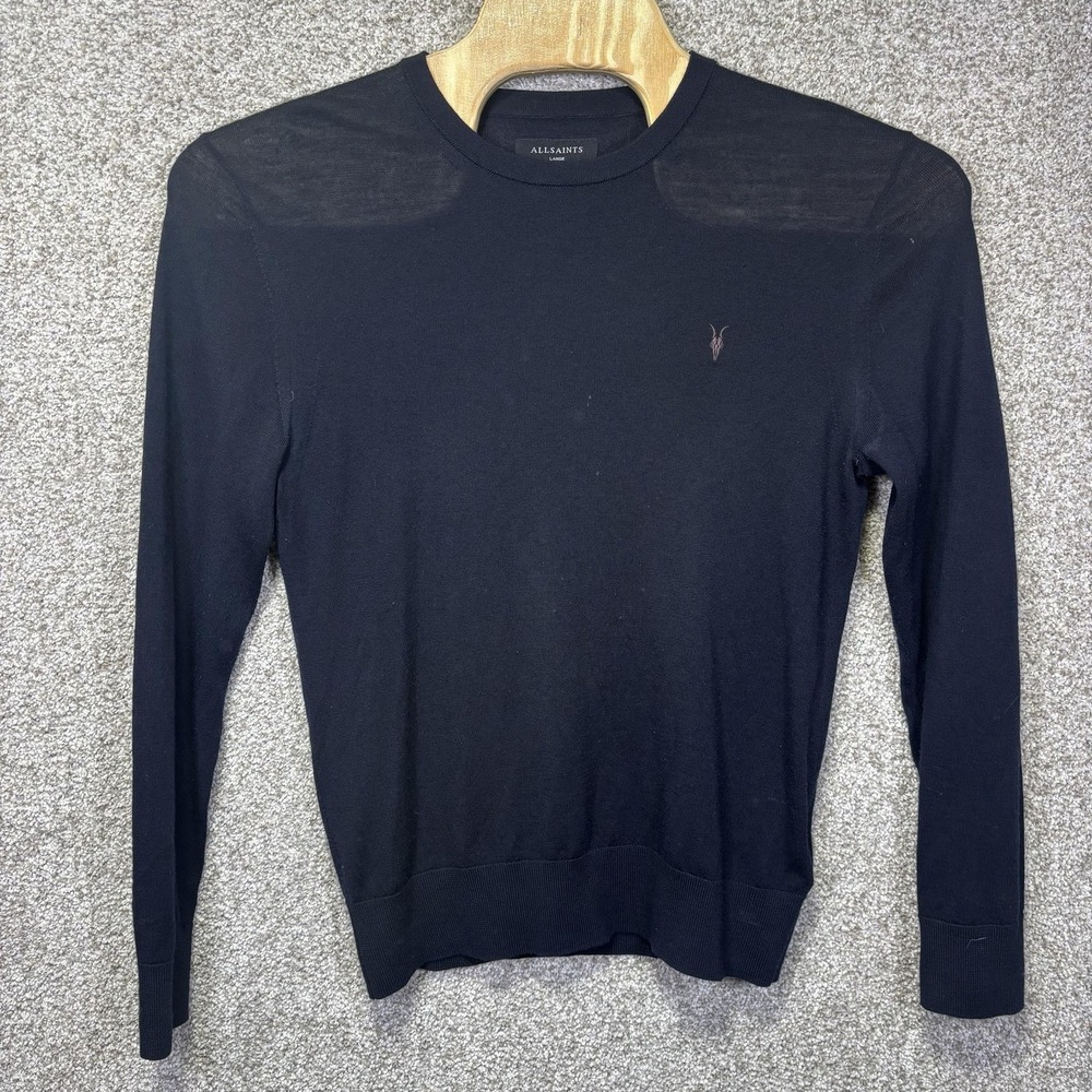 AllSaints Sweater Mens Large Blue 100% Merino Wool Crewneck Knit Logo Pullover